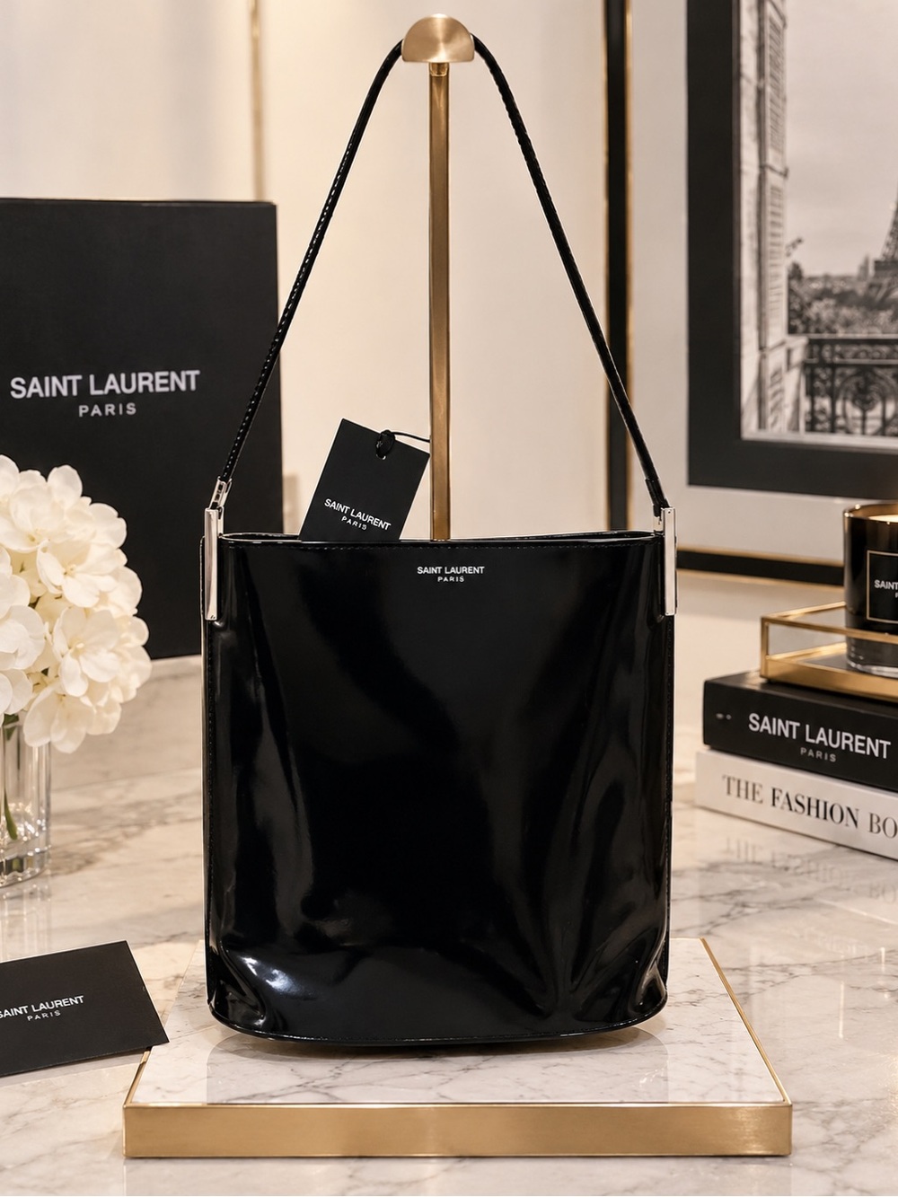 Saint Laurent Suzanne Black Patent Leather Bucket Shoulder Bag NWT